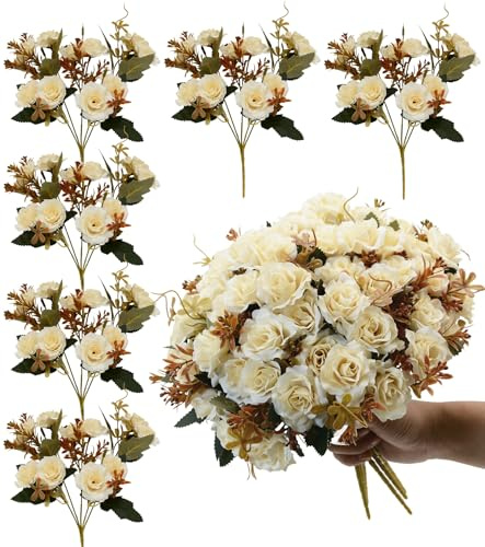 Rose Artificial Flowers Bouquet, 6 Packs Small Roses Flower, 10 Silk Rose Flowers Per Pack, Mini Fake Rose Flower Bunches, Miniature Roses for Decoration Home Wedding Table Centerpieces Decor, White