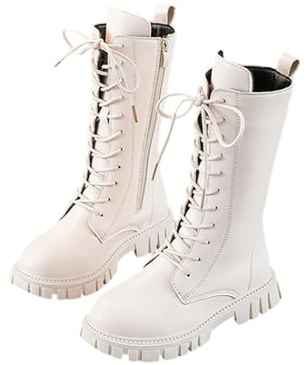 riou Botas Altas Blancas Niña, Botas De Combate Zapatos Escolares De Piel SintéTica Con Cordones Y Cremallera Lateral Punk Goth Boot Antideslizante Impermeable Princesa Bota De Goma