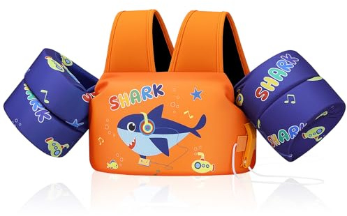 MoKo Chaleco de Natación para Niños, Brazo Flotadores para Niños y Niñas 22-66 lbs, Alas de Natación de Dibujos Animados, Chalecos Flotadores de Piscina, Auricular Naranja Azul Tiburón