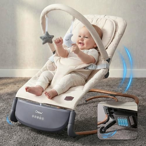 Elektrisk babyhängmatta, elektrisk babygungstol med stötsensor, 3 hastigheter och pekplatta, timer (30/60 minuter), 8 nanor, justerbar volym, för 0–30 månader, upp till 18 kg, gräddvit
