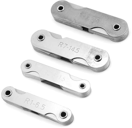 AMONIDA Medidores de Radio de Acero Inoxidable de 4 Piezas, Galgas de Espesores, Herramienta de Medición de Radio de Precisión con Rango R0.3-1.5, R1-6.5, R7-14., R15-25, Ideal para Fabricantes de