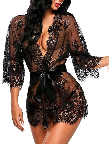Avidlove lingerie robe Women's Lace Kimono Robe Babydoll Lingerie Mesh Nightgown Black M