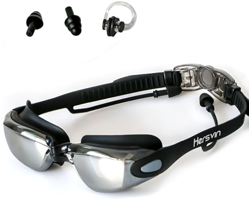 Hersvin Schwimmbrille (M/0 bis M/-8,0) UV400 Anti-UV Anti Nebel Schutzbrille für Erwachsene Männer Frauen Kinder (Schwarz, M/-2,5)