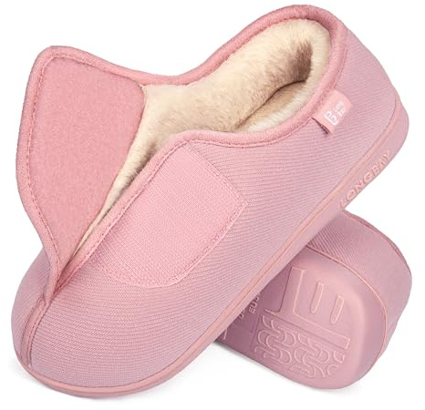 LongBay Women's Furry Memory Foam Diabetic Slippers Comfy Cozy Arthritis Edema House Shoes Pink 6 UK