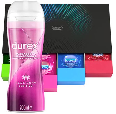 Durex Surprise Me Kit di Preservativi Assortiti da 40 Profilattici + Massage 2in1 Gel Massaggio Corpo e Lubrificante Lenitivo con Aloe Vera da 200ml