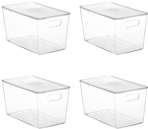 Vtopmart Set di 4 grandi contenitori per la conservazione in plastica trasparente con coperchi, impilabili con manico per dispensa, cucina, frigorifero, armadio, bagno, organizer sotto il lavello