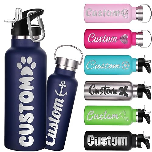 Skartam Custom Water Bottles 12oz Personalised Stainless Steel Water Bottle with Straw Lid Customised Insulated Double Wall Bottles with Engraved Name Text for School Sports-Navy Blue
