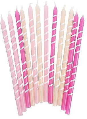 Pink Birthday Candles with Holders - Fun Cake Topper Decorations for Boys or Girls Party Pack of 12, 12.5cm Size