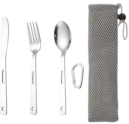 3 Pcs Cutlery Set, Ultra-Lightweight Knife Fork & Spoon Stainless Steel Tableware 3 in 1 Portable Cutlery Set for Outdoor Camping & Hiking, Comes with Drawstring Bag & Carabiner