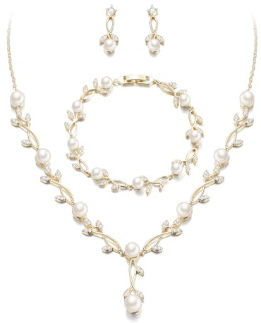 EVER FAITH Cubic Zirconia Pearl Leaf Bridal Jewelry Set for Bride Gold-Tone