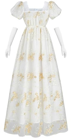 Fiamll Robe taille empire pour femme, robe de bal régence pour femme, costume de la Renaissance Cottagecore avec gants, dor�, XL