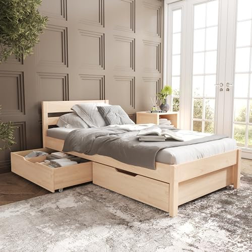 Hansales Seniorenbett 90x200 cm Külli mit Zwei Unterbettboxen, Bettgestell aus massivem FSC® Birken Holz ohne Rollrost in Naturfarbe, belastbar bis 350 kg - Einzelbettgestell mit Kopfteil
