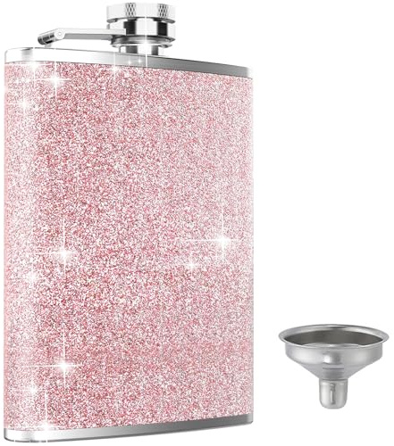 Hip Flask, KIKISML 8Oz Flasks for Liquor Stainless Steel Spirit with Never-Lose Cap and Funnel Leakproof Thin Portable Metal for Camping Outdoor Activitie Wedding Party Gift, Pink