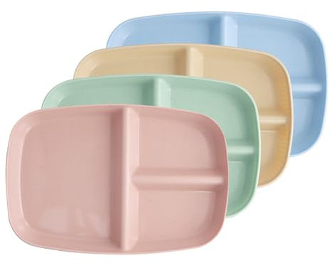 Dewocke 4-teiliges Speiseteller Set, Portionsteller mit Unterteilung, Unzerbrechliche Teller für Kinder und Erwachsene, Wiederverwendbare Teller für Camping, Mikrowellen und Spülmaschinenfest