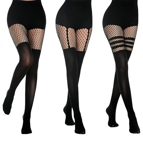 3 Pcs fishnet tights womens Fishnet Tights Set,fishnet tights suspender tights Suspender Opaque Fishnet Stockings,black stockings Thigh High Pantyhose Gifts for Ladies Fashionable black stockings