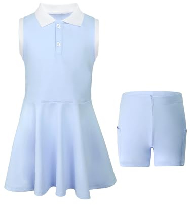SPFASZEIV Vestito da Tennis per Ragazze con Tasche Separate per Pantaloncini Abito Sportivo da Golf Senza Maniche Polo Tennis Dress 7-8 Anni Blu