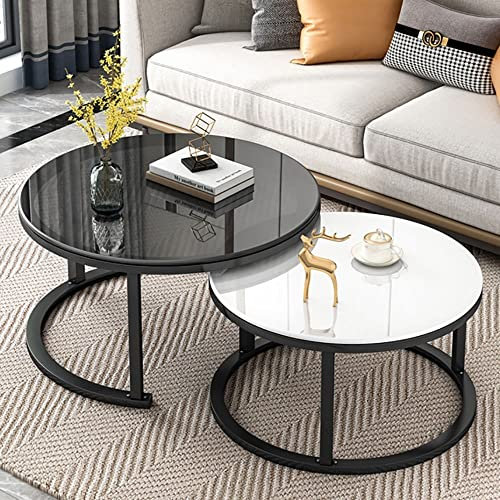 Moderna glasbord uppsättning av 2 för vardagsrum stapelbara sidobord med metallbas runt soffbord set 70 x 45 + 50 x 38 cm