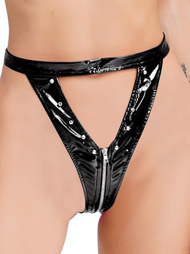 Freebily Damen Wetlook Slip Panties Ouvert Lack Leder String Tanga Höschen Mit Reißverschluss Erotische Dessous Schwarz 4XL