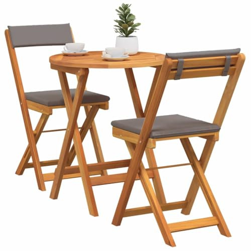 vidaXL Set Bistro Pieghevole a 3 Pezzi con Cuscini, Tavolo Rotondo in Legno Massello di Acacia e Sedie da Pranzo Mobili per Esterni, Ideale per Giardino e Terrazzo, Stile Minimalista per Il Patio