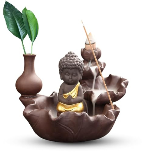 Bruciatore di incenso a riflusso Buddha Figura Burner Waterfall Backflow Bruciatore di incenso in ceramica per bastoncini di incenso e incenso, decorativo per meditazione, yoga e casa
