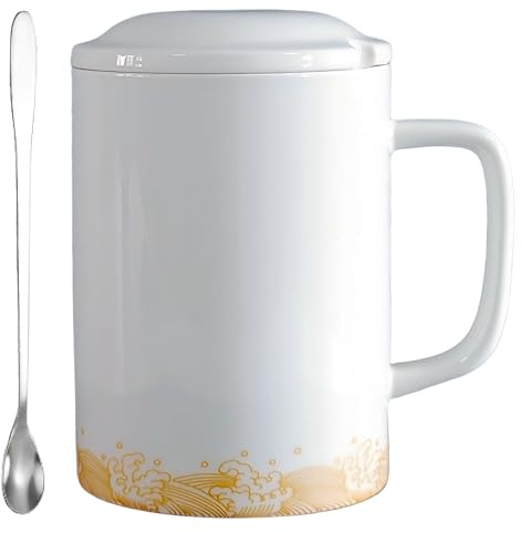 NIUKOMY Tazza Jumbo Grande 1000ML, Tazze Gigante, Tazza da Caffè Extra Large in Ceramica con Coperchio e Cucchiaio per Ufficio e Casa, Bianco