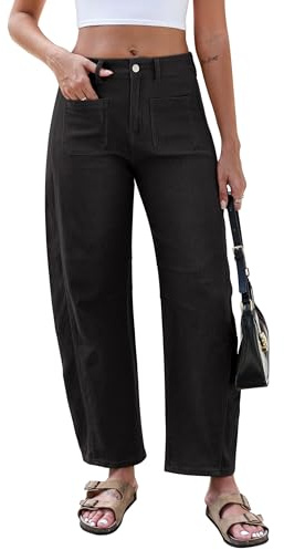Eddoyee Wide Leg Barrel Pants Women - Stretchy High Waist Baggy Pants Y2k Boyfriend Ankle Trousers with Pockets Black