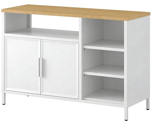 YITAHOME Sideboard Storage Cabinet Metal Cupboard 2 Doors Oak Top White | Sideboard Cabinet with Double Doors, Metal Storage Cupboard Steel Frame Adjustable Shelves, Kitchen Living Room, 108x40x76cm