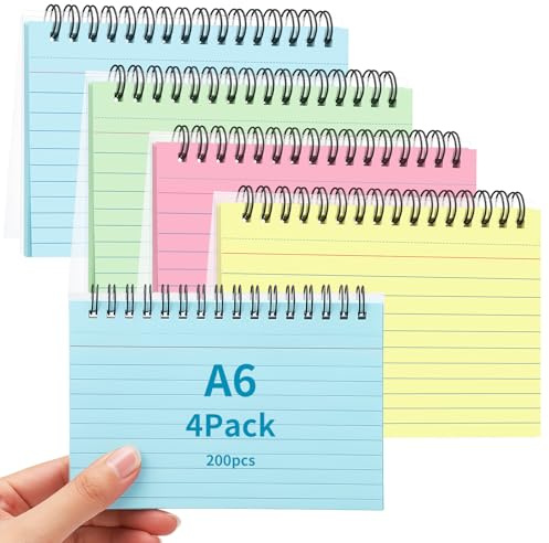 Flash Cards, 200 PCS A6 Revision Cards, Spiral Bound Coloured Index Card | Clear Waterproof Cover, 4 * 6 in Portable Size, 4 Pack, for Office, School, Home Note Taking, Lists, Study - 4 Colors