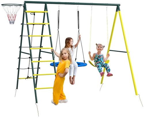 Outsunny Columpio Infantil 4 en 1, con Columpio Nido e Individual, Red para Escalar, Canasta de Baloncesto, Escalera, Carga 160 kg, para Exterior, Parque Infantil para Niños de 3 a 8 Años, Amarillo