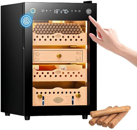Cigarrskåp Stort 60l För 200 Cigarrer Elektrisk Humidor Med Spanskt Cederträ Hyllor Wifi Funktion Och Fingeravtryck Lås Temperatur Fuktighet Justerbar(Drawer)