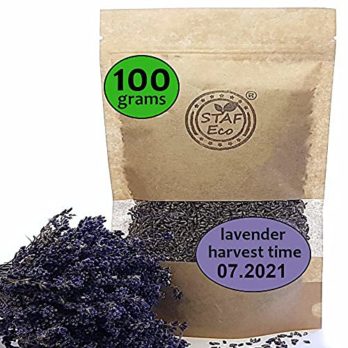 STAFECO Fiori di lavanda secchi, 100% naturali, raccolti nel 2024, da agricoltura biologica, adatti come tè, potpourri o antitarme (100)
