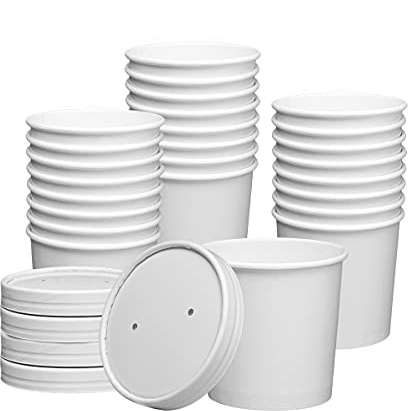 GUSTO [12 oz. - 25 Count White Paper Food Containers with Vented Lids - To Go Hot Soup Bowls, Disposable Ice Cream Cups, Ideal for Hot and Cold Foods - (Formerly Comfy Package)