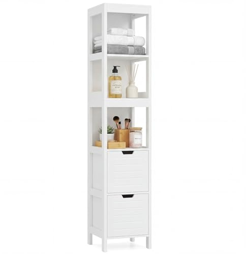 COSTWAY Bathroom Tall Cabinet, Floor Standing Organiser Cupboard with 2 Drawers and 3 Open Compartments, Home Living Room Hallway High Storage Shelf Unit (White, 30 x 30 x 145cm)