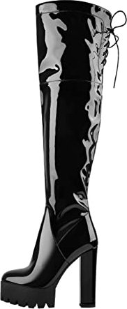 Only maker Damen Plateau Stiefel Overknee mit Blockabsatz Verstellbaren Schnüren Lack Schwarz 45 EU