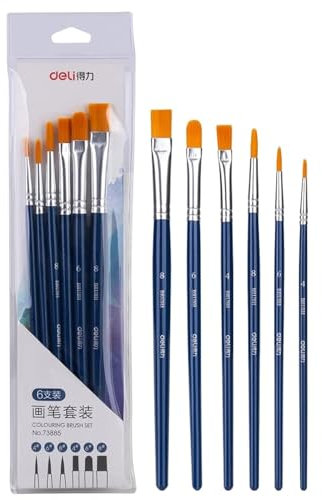 DELI Künstlerpinsel Set, 6 Stück Nylonpinsel mit Holzgriff, 6 verschiedene Größen für Künstler, Erwachsene und Kinder