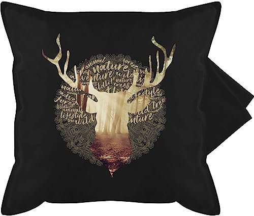 Kissenbezug - Dekoration Kissen - Hirsch Motiv Geschenk Jäger I Hirschgeweih Tracht - 50 x 50 cm - Schwarz - hirschkissen jaeger kissenhullen 50&50 mit hirschmotiv geweih baumwollkissen bavaria