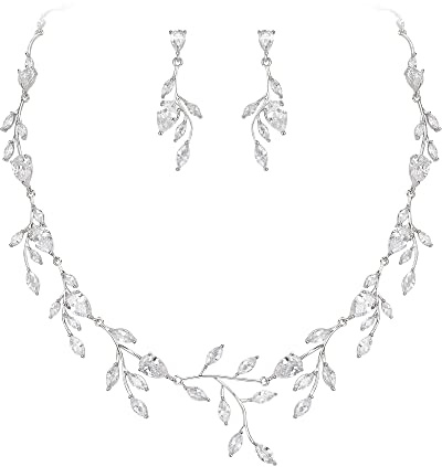 EVER FAITH Wedding Jewelry for Bride Women Bridesmaid, Sparkly White Cubic Zirconia Pear-Shaped Birthstone Leaf Necklace Earrings Set for Prom Clear Silver-Plated-Brass