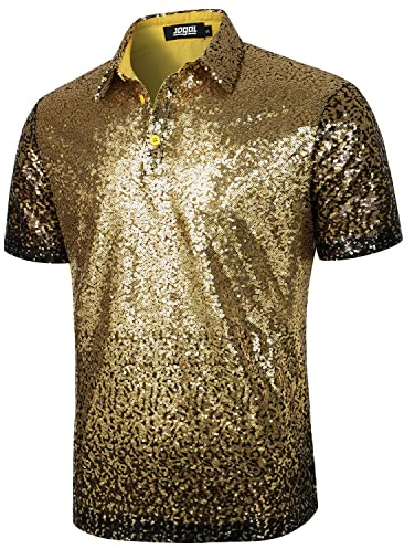JOGAL Chemise à paillettes des années 70 pour homme, à manches courtes, pour disco, soirée, hauts de club, polos scintillants, noir/or, M