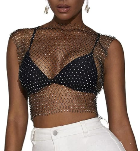 Women Glitter Tank Tops, Black Sexy Mesh Diamond Hollow Out Crop Tops, See Through Rhinestone Studded Crop Tops for Festival Club Rave Outfit, Diamond Crystal Cover Up Clubwear Cropped Tops Blouse
