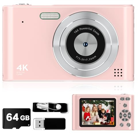 Cámara Digital 2025, cámara para niños 1080P, cámara de vlog con Tarjeta de 64 GB, cordón, Zoom 16X antivibración, Lector de Tarjetas, cámara compacta portátil de 44 MP, Regalo para niños,