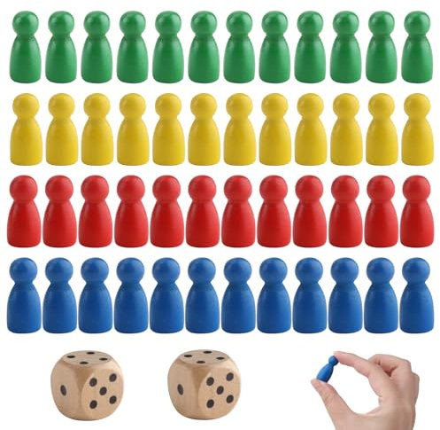 50Pcs Wooden Pawns Board Game Pieces with Dice and Pawns Wooden Stereoscopic Flying Chess Multicolor Pawns Board Ultimate Game for Family Fun Tabletop Markers Chess Playing Pieces