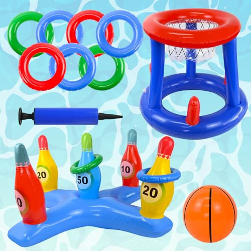 Joellfuner 2 en 1 Jouet Ensemble de Basket-Ball Gonflable, Jeux Piscine Gonflable avec Cerceau de Basket-Ball, Jeu de Lancer d'Anneaux Gonflables avec Conception de Quille de Bowling, Jouets Flottants