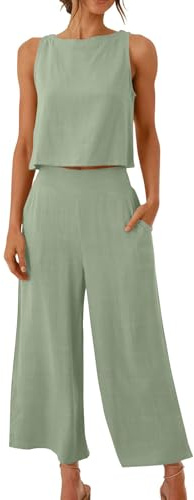Conjunto de 2 piezas para mujer, algodón y lino, sin mangas, pantalones de pierna ancha, conjuntos de ropa de descanso de verano, conjunto de lino para mujer, conjunto de lino para mujer, casual