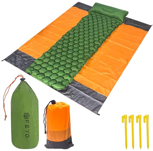 Feyo Matelas Camping Gonflable 1 Personne avec Tapis de Sol – Matelas léger et Compact pour Bivouac, Tente ou Voiture – Matelas de Camping 1 Place Confortable avec Oreiller intégré et Double Valve