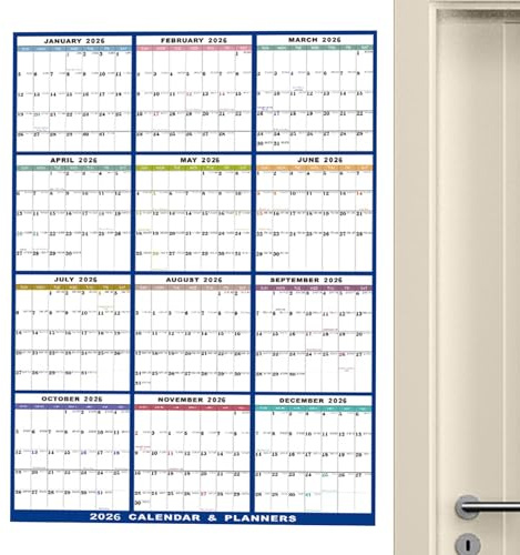 yakermur Grand calendrier mural effaçable à sec pour mur – Calendrier mural 2026 12 mois – 61 x 91,4 cm – Organiseur annuel pour réfrigérateur, école, enseignants, bureau, intérieur, maison,