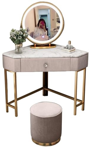 Reversible Lighted Corner Vanity Desk with Adjustable 3Color Lighting Makeup Table & Drawer Cushioned Stool Perfect Bedroom Gift for Women ()