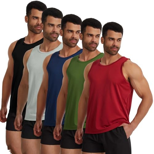 Mexholin 5 Pack Mens Vest Tops Slim Fit Summer Tank Tops Men Classic Sleeveless Undershirt Training Vests for Athletic Gym Workout Black/Grey/Navy/Green/Red XL