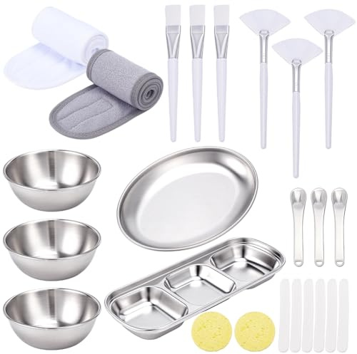 WEBEEDY 30 Stück Esthetician Gesichtspflege Set Inklusive Edelstahl Gesichtsmaskenschalen Serviertablett Bürsten Gesichtsschwämme Löffel Haarbänder Gesichtsmasken Mischschüssel Set