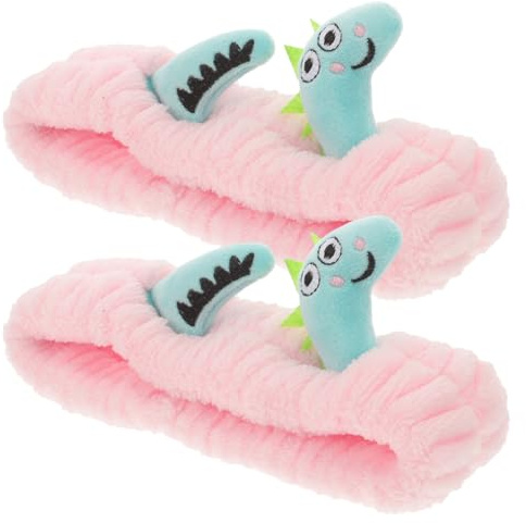 FRCOLOR Lot de 2 Bandeaux Spa Élastiques pour Filles à Motifs de Dinosaure, Polaire Douce Verte et Rose, Bandeaux pour Cheveux Soins du Visage, Accessoires Maquillage pour Spa et Salle