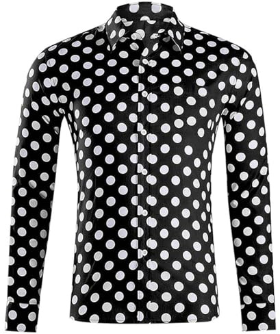 Camisa de Manga Larga para Hombre, Color Blanco y Negro, diseño de Lunares, clásico, Oficina, Fiesta, Noche, Festivo, con Botones, Corte Ajustado, Mezcla de algodón n19